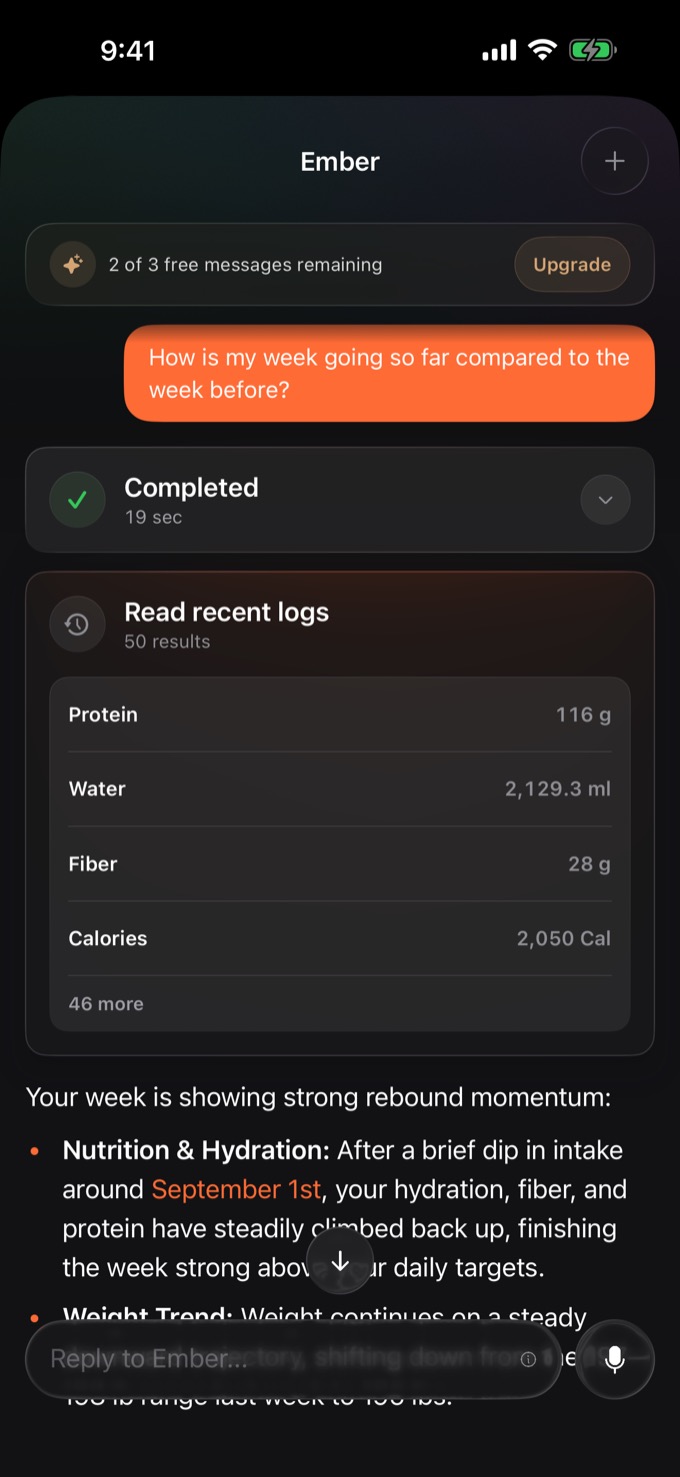 A conversation with Ember in Phaze, showing two of three free messages remaining, a request to compare the week against the one before, and a reply reading recent logs for protein, water, fiber and calories.