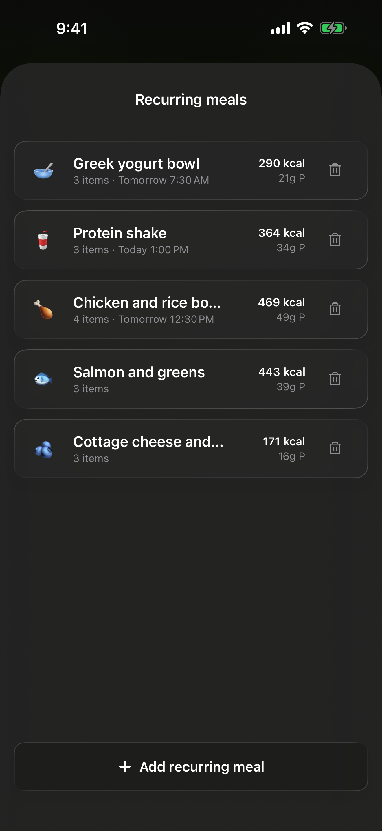 Phaze recurring meals on iPhone, showing example meals with protein and calorie totals