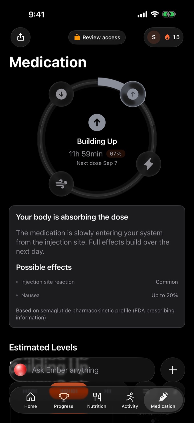 The Phaze medication screen showing the dose cycle as a ring, labelled Building Up at 67 percent with 11 hours 59 minutes to the next dose, and a note that the medication is slowly entering the system.