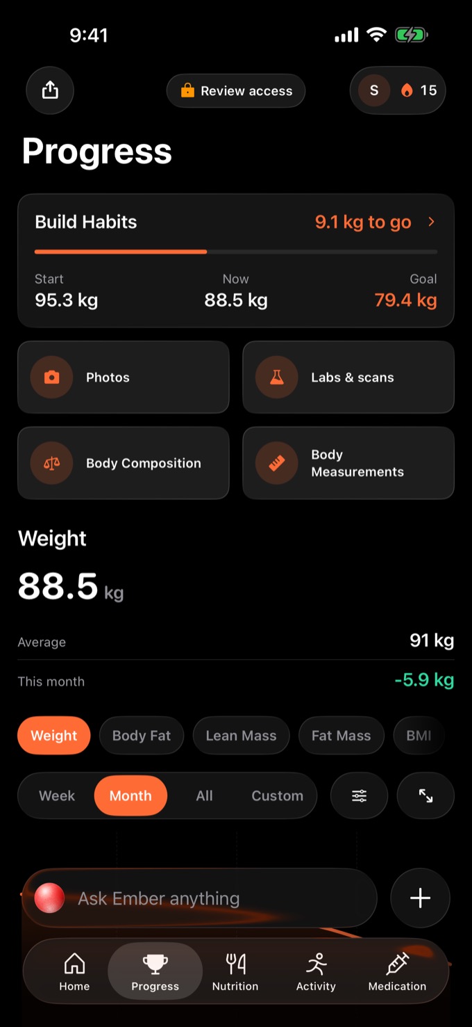 The Phaze progress screen: Build Habits with 9.1 kilograms to go, a start of 95.3, a current weight of 88.5 and a goal of 79.4, above shortcuts to photos, labs and scans, body composition and body measurements.