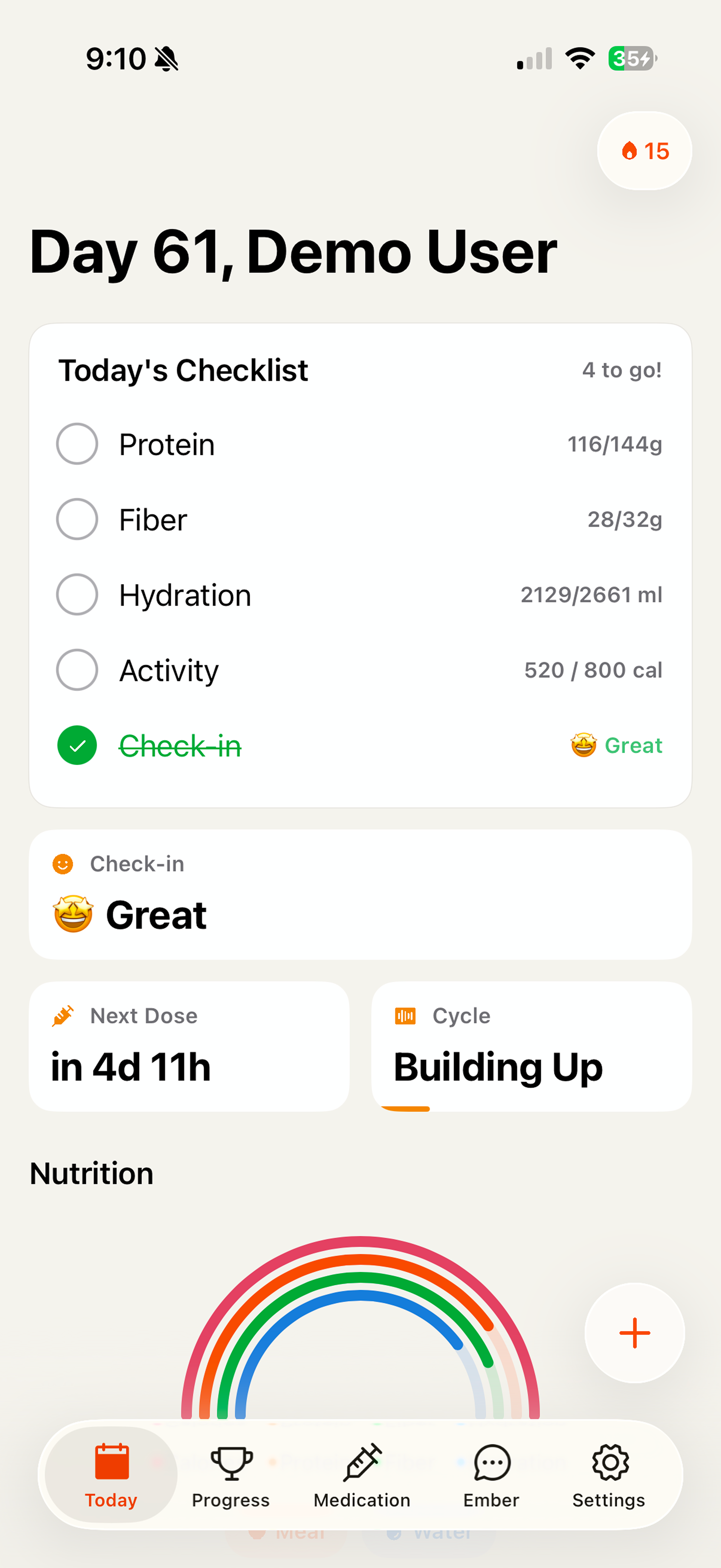 Phaze app home Today view with checklist, next dose, and nutrition