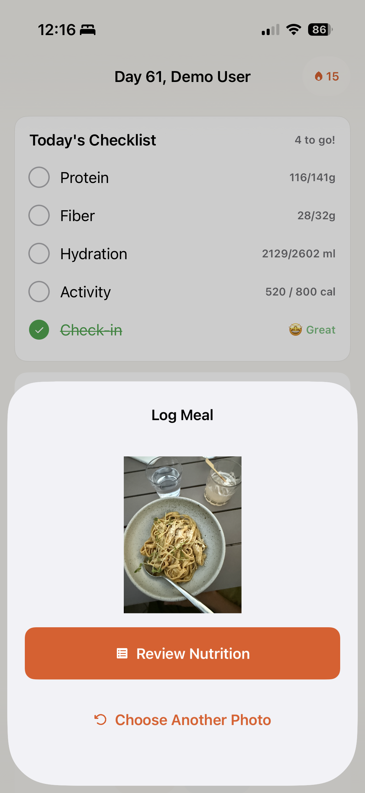Phaze AI meal scanner analyzing a plate of food