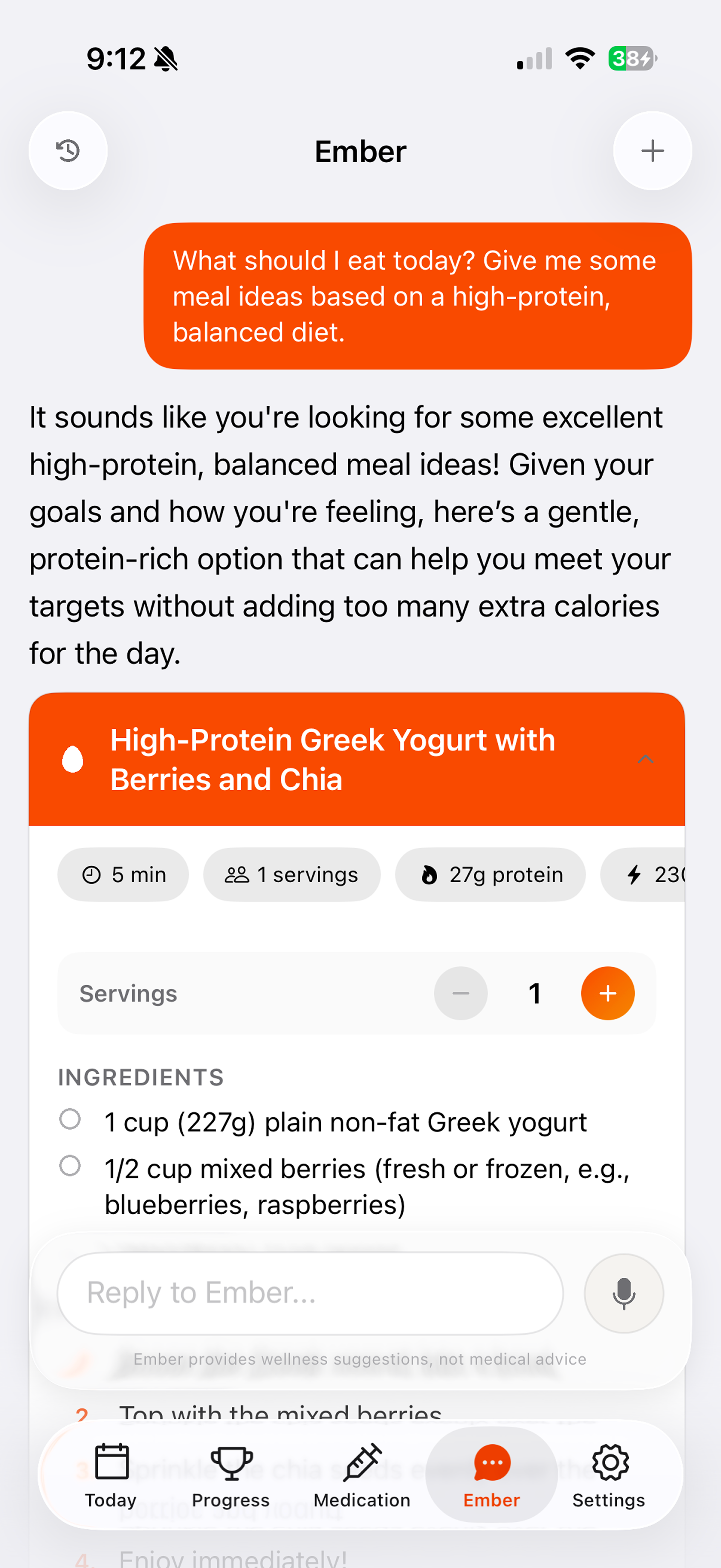 Chat with Ember AI companion for personalized GLP-1 nutrition advice