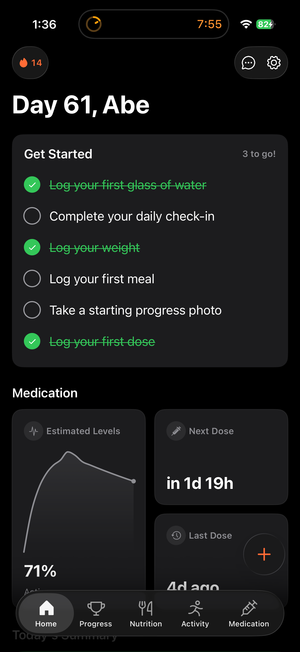Phaze Home screen showing a daily Get Started checklist, estimated medication level, and next-dose countdown