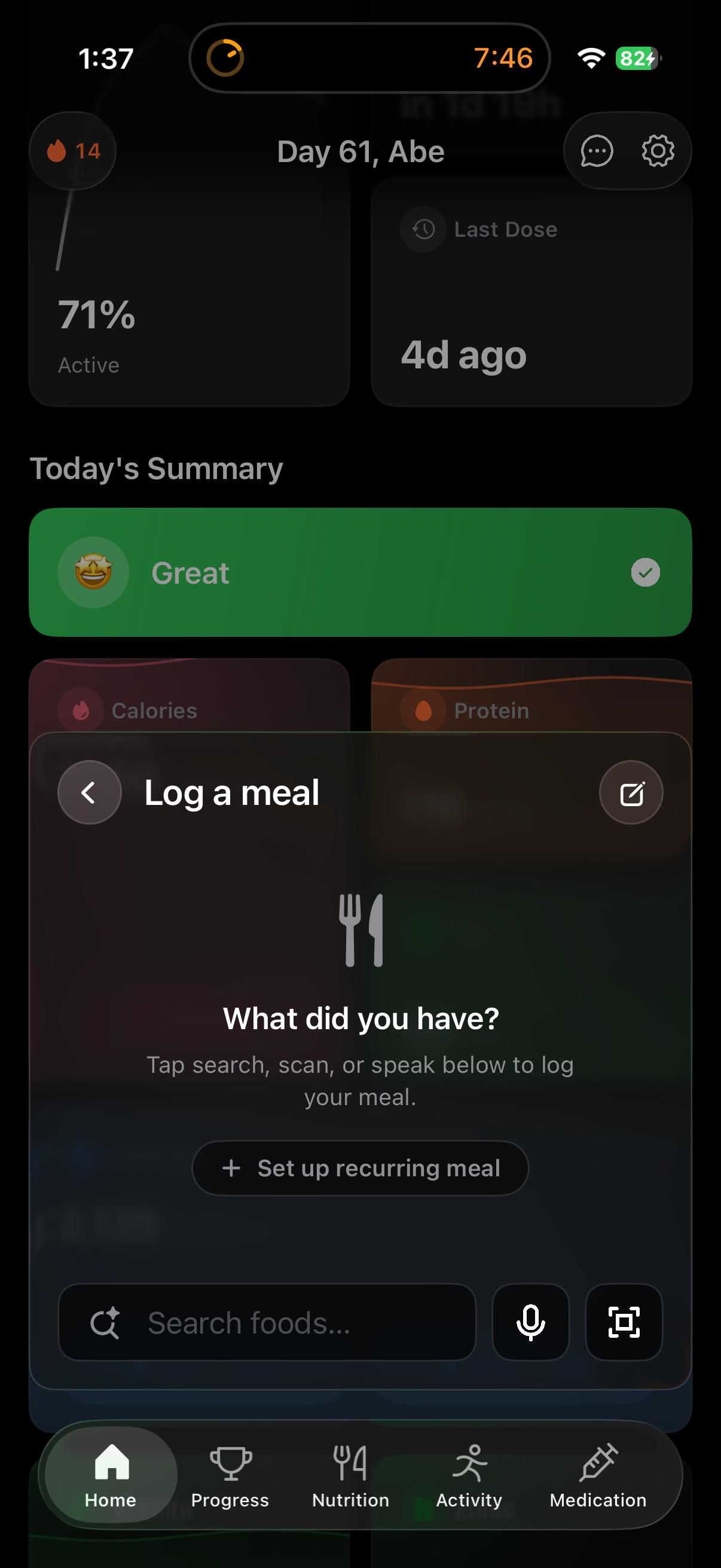 Logging a meal in Phaze by search, photo scan, or voice, with one-tap recurring meals
