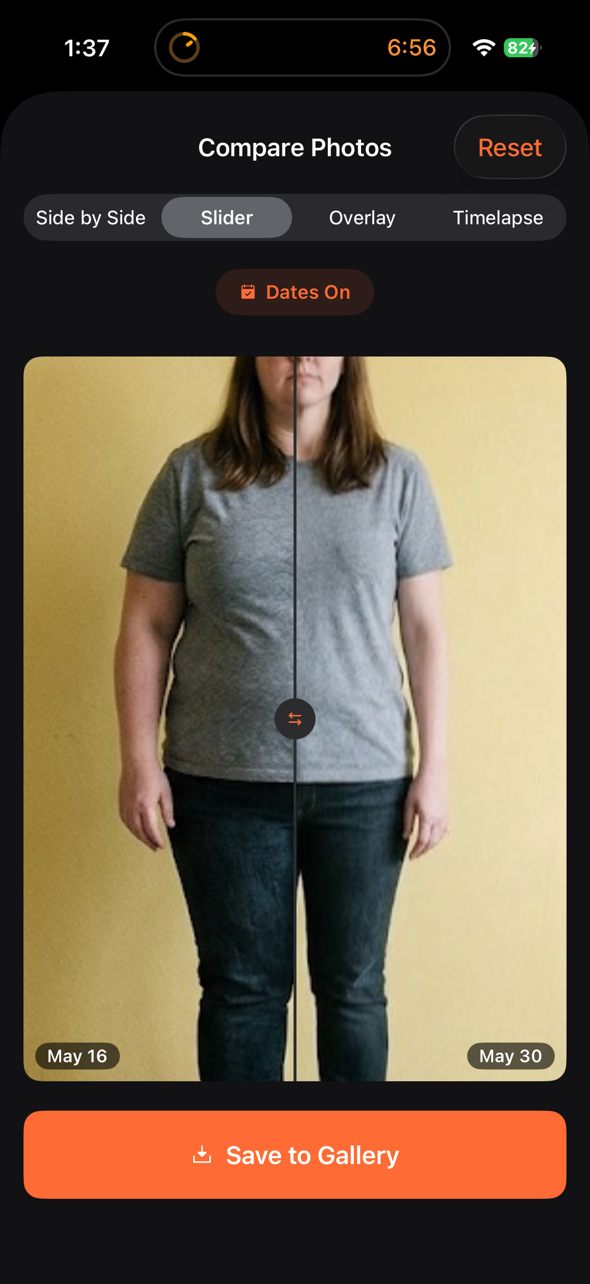 Comparing two progress photos with the slider tool in Phaze