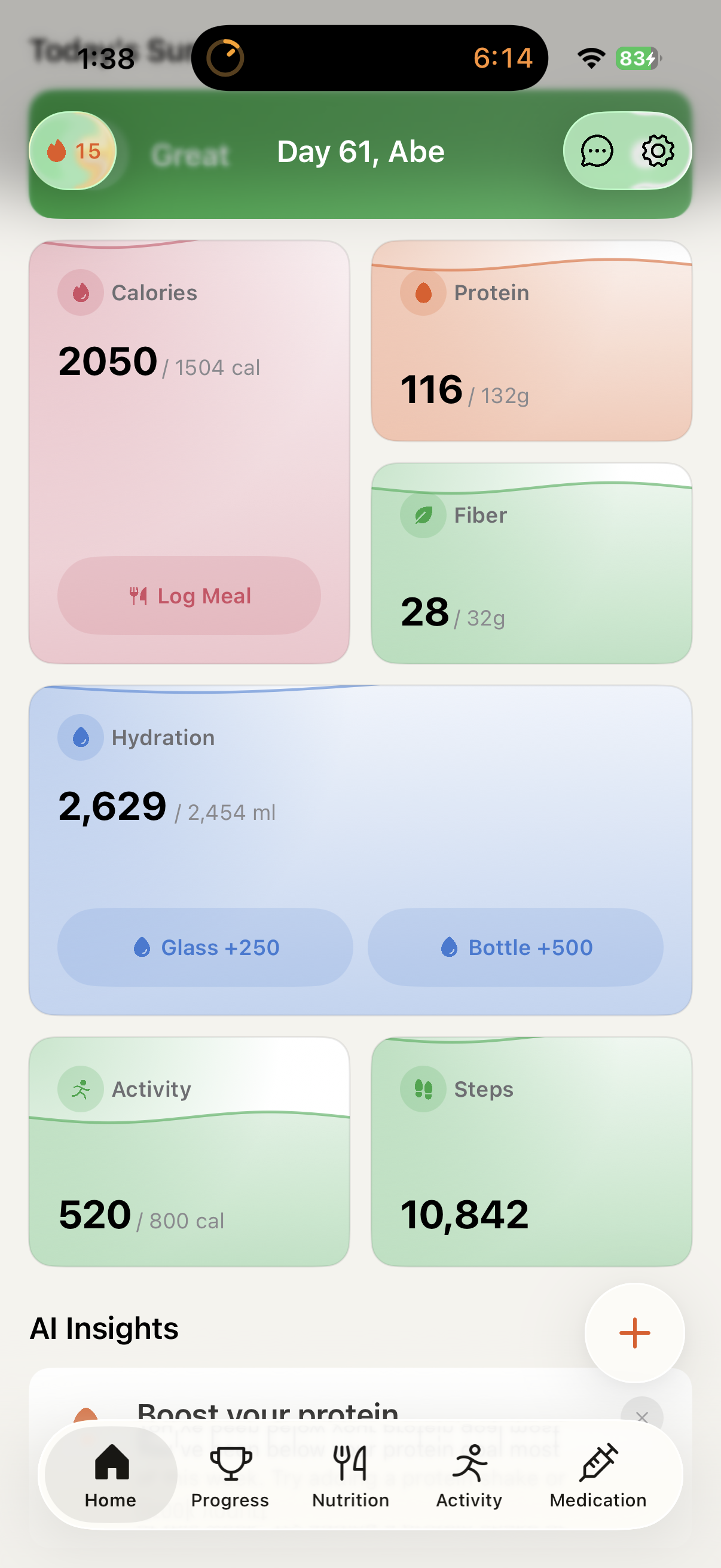 Phaze daily dashboard showing calories, protein, fiber, hydration and AI Insights
