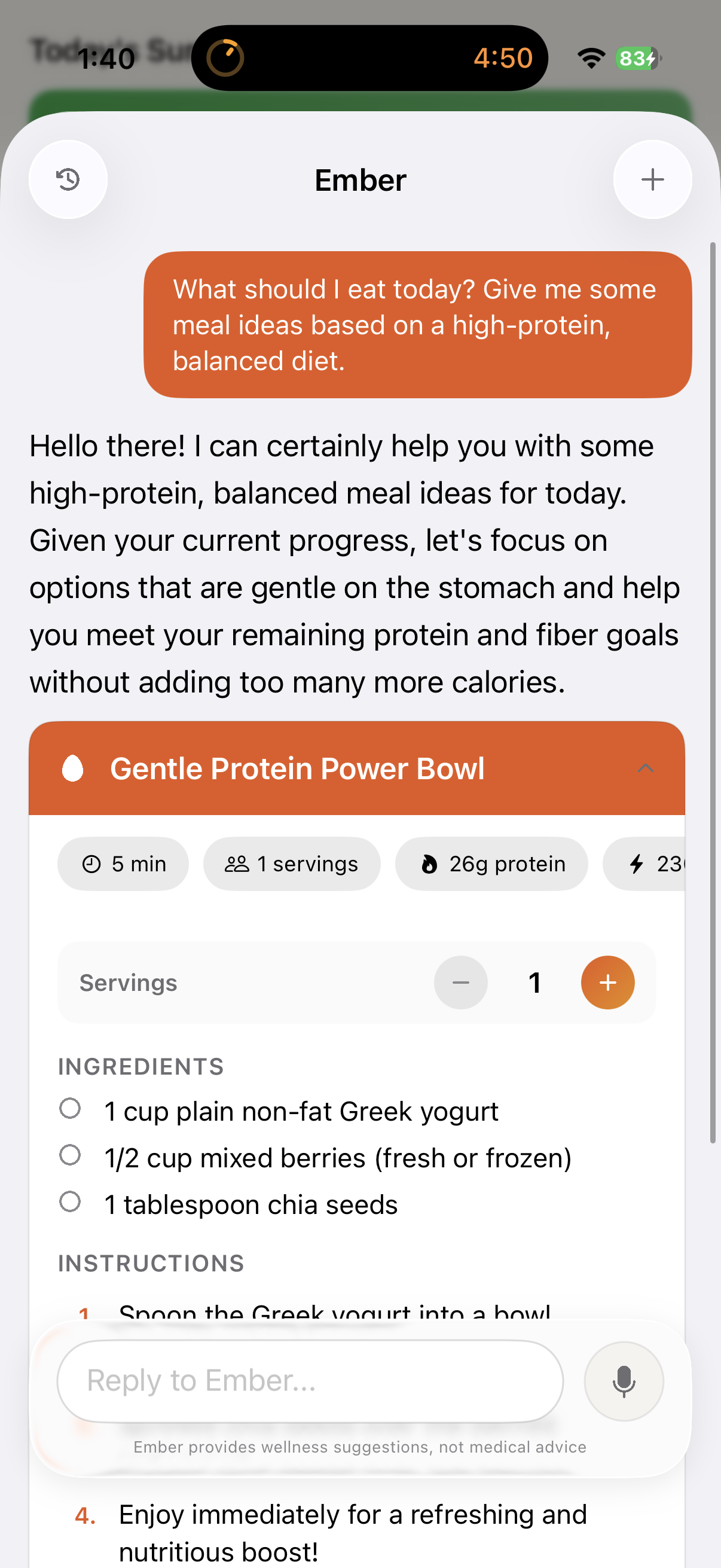 Ember, the Phaze AI companion, suggesting a high-protein recipe with a 'wellness suggestions, not medical advice' note