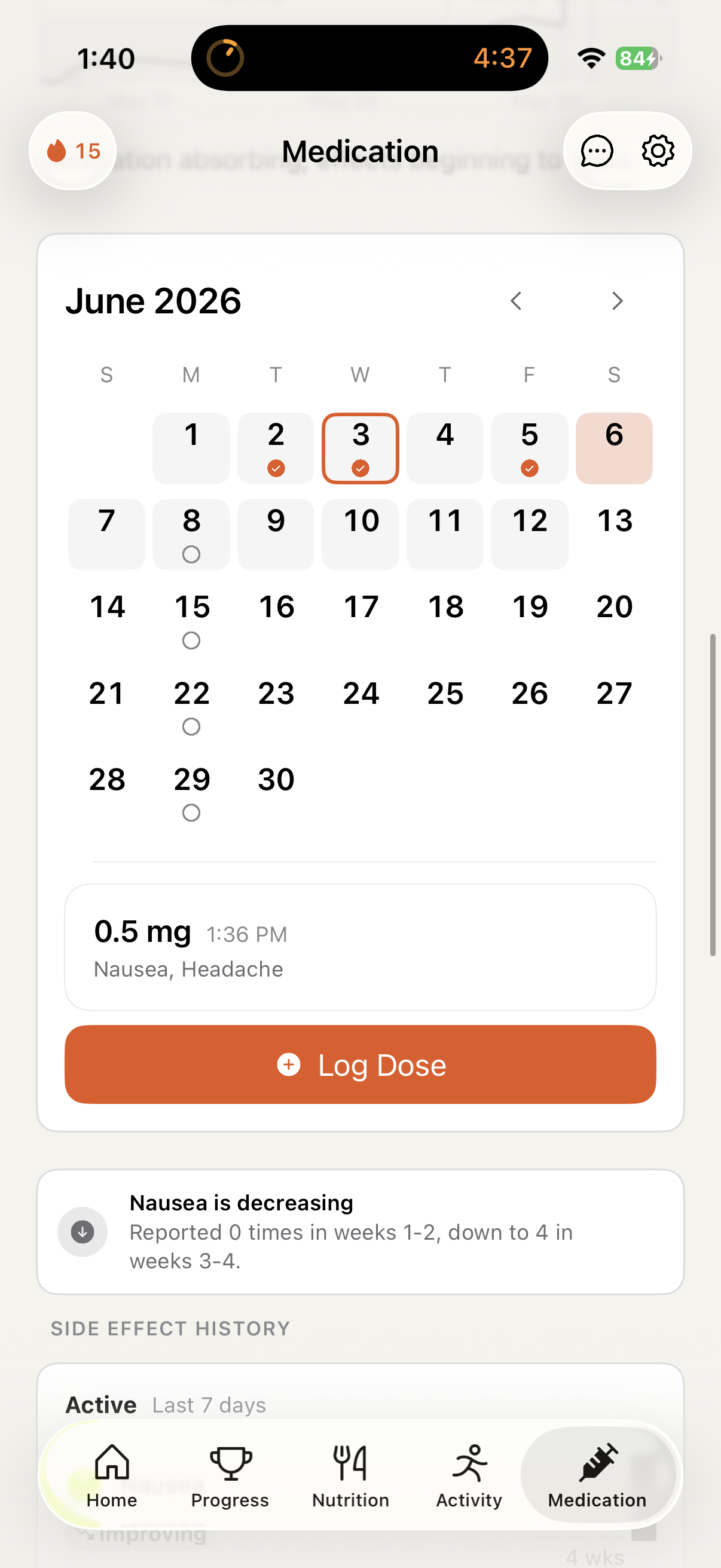 Phaze Medication screen with dose calendar and a plain-language side-effect trend note